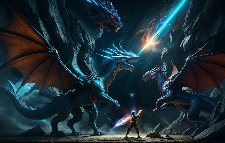 (best quality,8k,super detail,masterpiece:1.2),surrealism,dragon vs spaceship,futuristic,otherworldly,dreamlike,mythical creatures,sci-fi elements,majestic,awe-inspiring,cosmic battle,vibrant colors,shadows and highlights,dynamic composition,ethereal lighting,visual extravaganza
