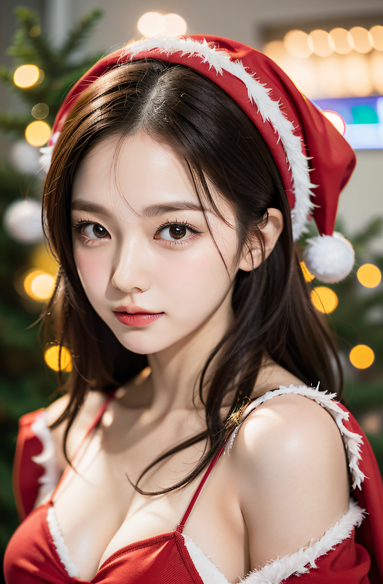 nipples exposed、Lori face、santa claus、santa chorus at christmas concert、Photorealistic images of solo idols, Morning Musume inspired by Eri Kamei, Radiates charm and beauty with plenty of bust and subtle exposure of cleavage. The image is、Must reflect a real person of the highest quality, Powered by Ultra-HD (16 K) resolution, crisp detail, Vivid colors, Dynamic Range, Soft bokeh, Fine texture, Realistic realism, Pin Sharp Focus. 、The camera setup is、Nikon D850 and NIKKOR Z 58mm Boobs Boobs Boobs Boobs F。/0.95 S Noct lens,  The setting must be ISO 64, F/0.95, Shutter speed is 1/60. --ar 16:9 - V5.1 --Style raw --Q 2 --S 750