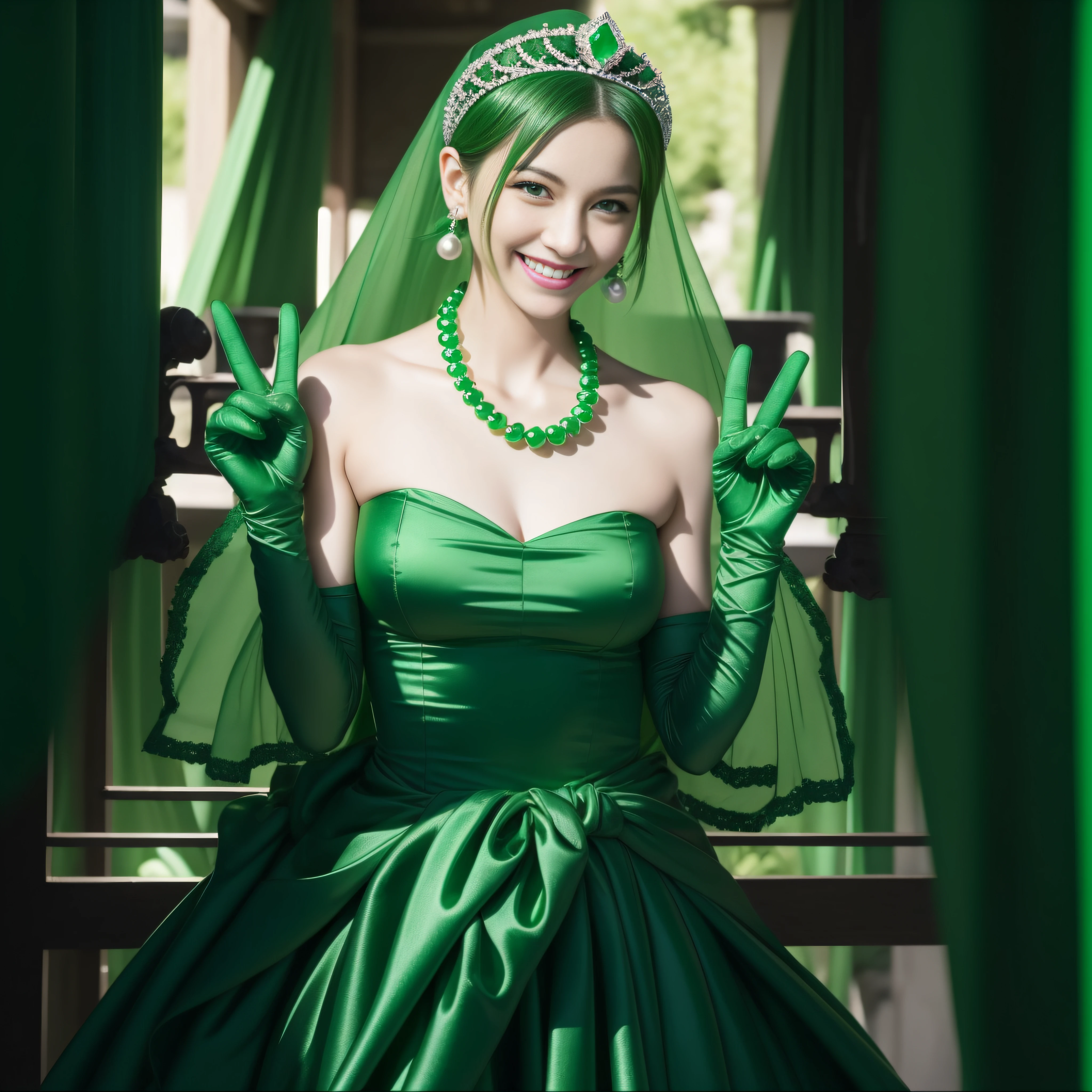 emerald tiara, Green Pearl Necklace, Boyish very short green hair, lipsticks, Japan woman smiling, very short short hair, big breasts beautiful, Green eyes, Long green gloves made of satin material, Green eyes, Emerald Earrings, green vale, v sign