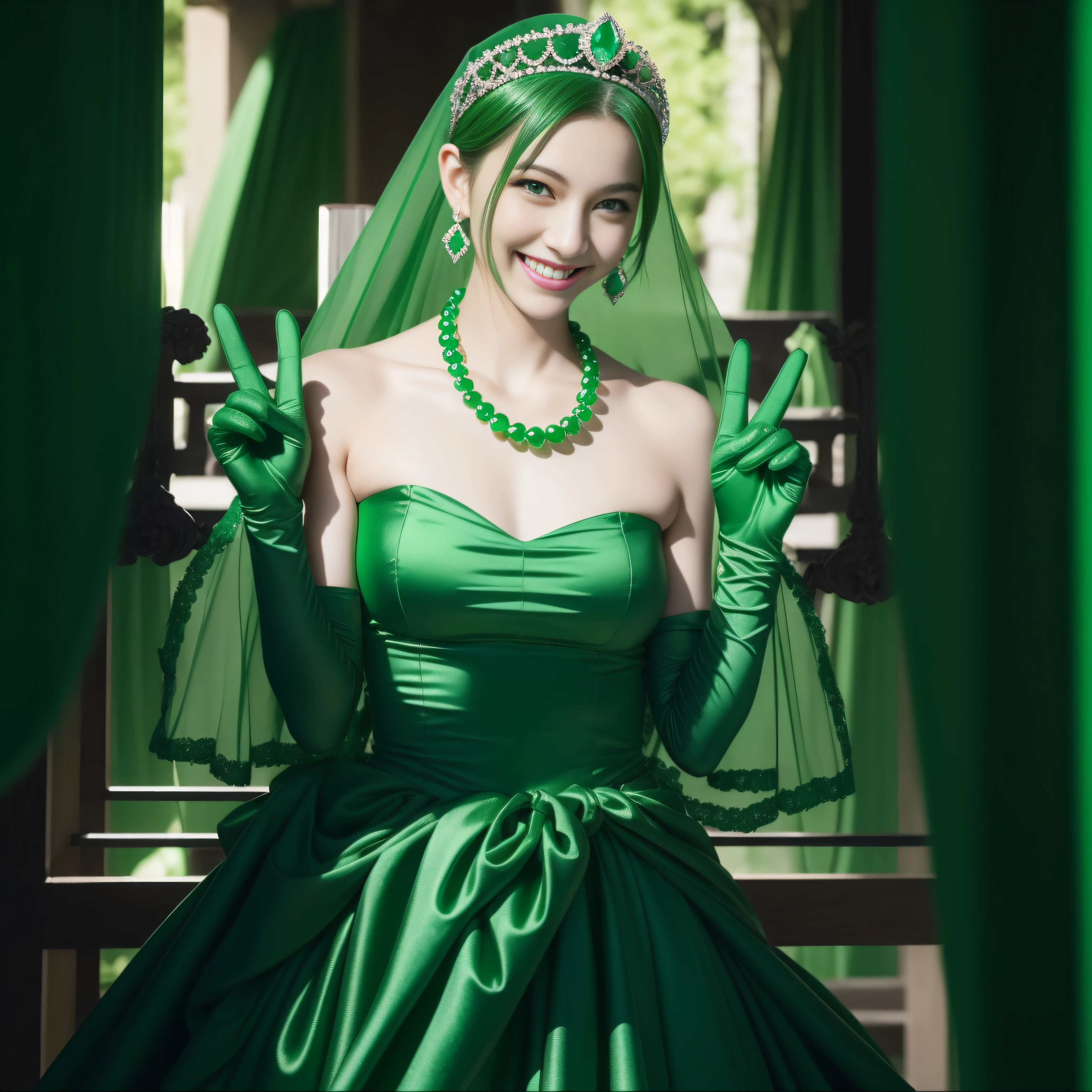 emerald tiara, Green Pearl Necklace, Boyish very short green hair, lipsticks, Japan woman smiling, very short short hair, big breasts beautiful, Green eyes, Long green gloves made of satin material, Green eyes, Emerald Earrings, green vale, v sign