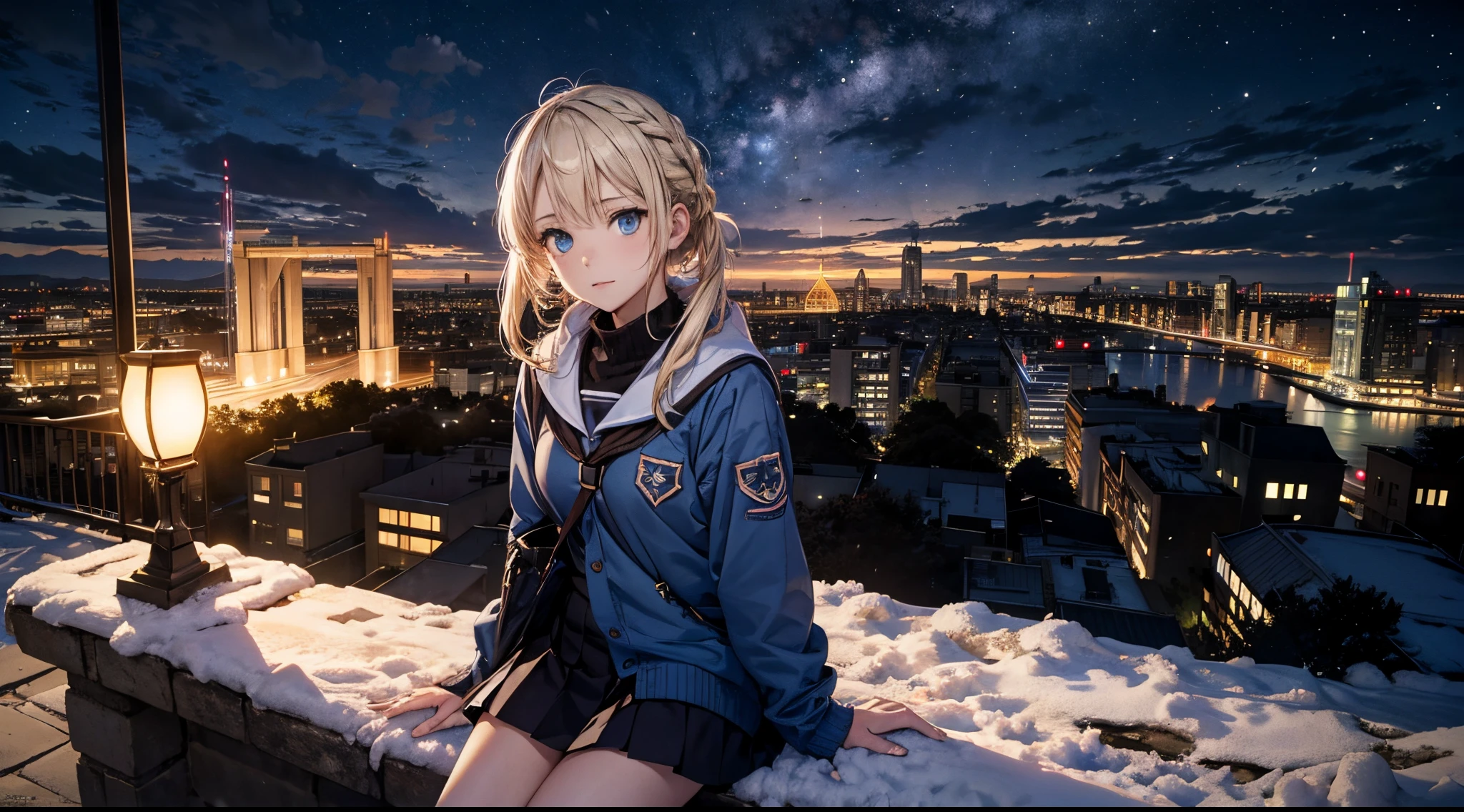 masutepiece,8K,octans, Skysky, stele(Skysky), landscapes, starrysky, natta, 1girl in, nigh sky, report, plein air, built, clouds, milkyway, sitting on, 城市, silhuette, Cityscape,(Short, Low twin-tailed blonde hair:1.2),(Deep Blue Eyes:1.3),(winter school uniform:1.1)