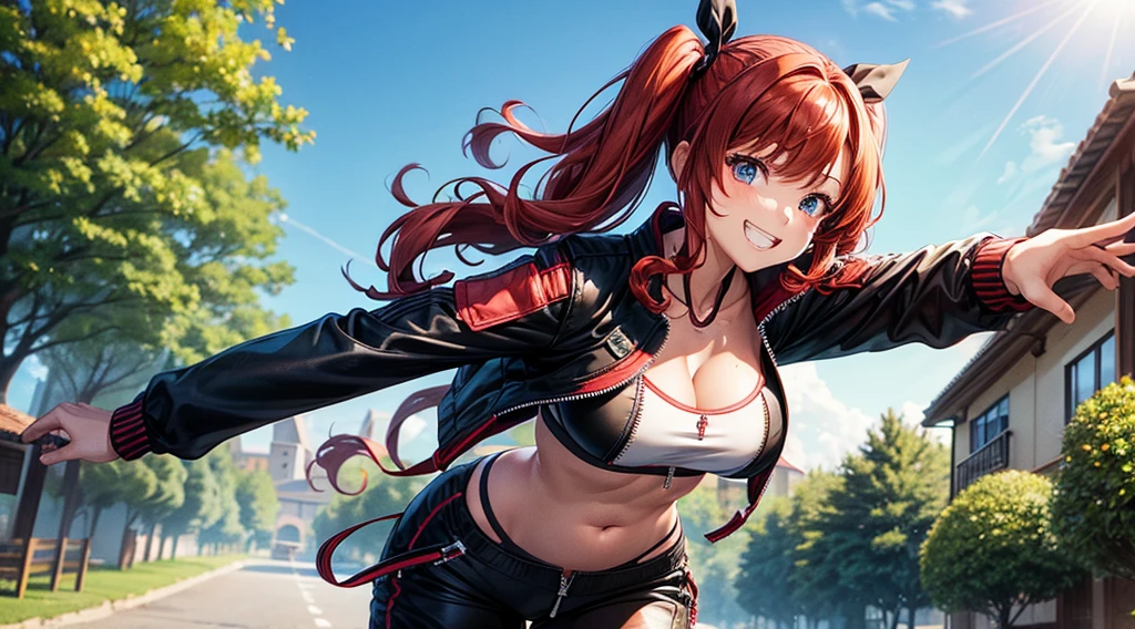 1girl, solo, summer, village, trees, long hair, red hair, curly hair, twintail, large breasts, black and red sport bra, belly, dark blue eyes, ((opened brown zipper jacket)), pants, grin, looking at the viewer, running, hair ribbon