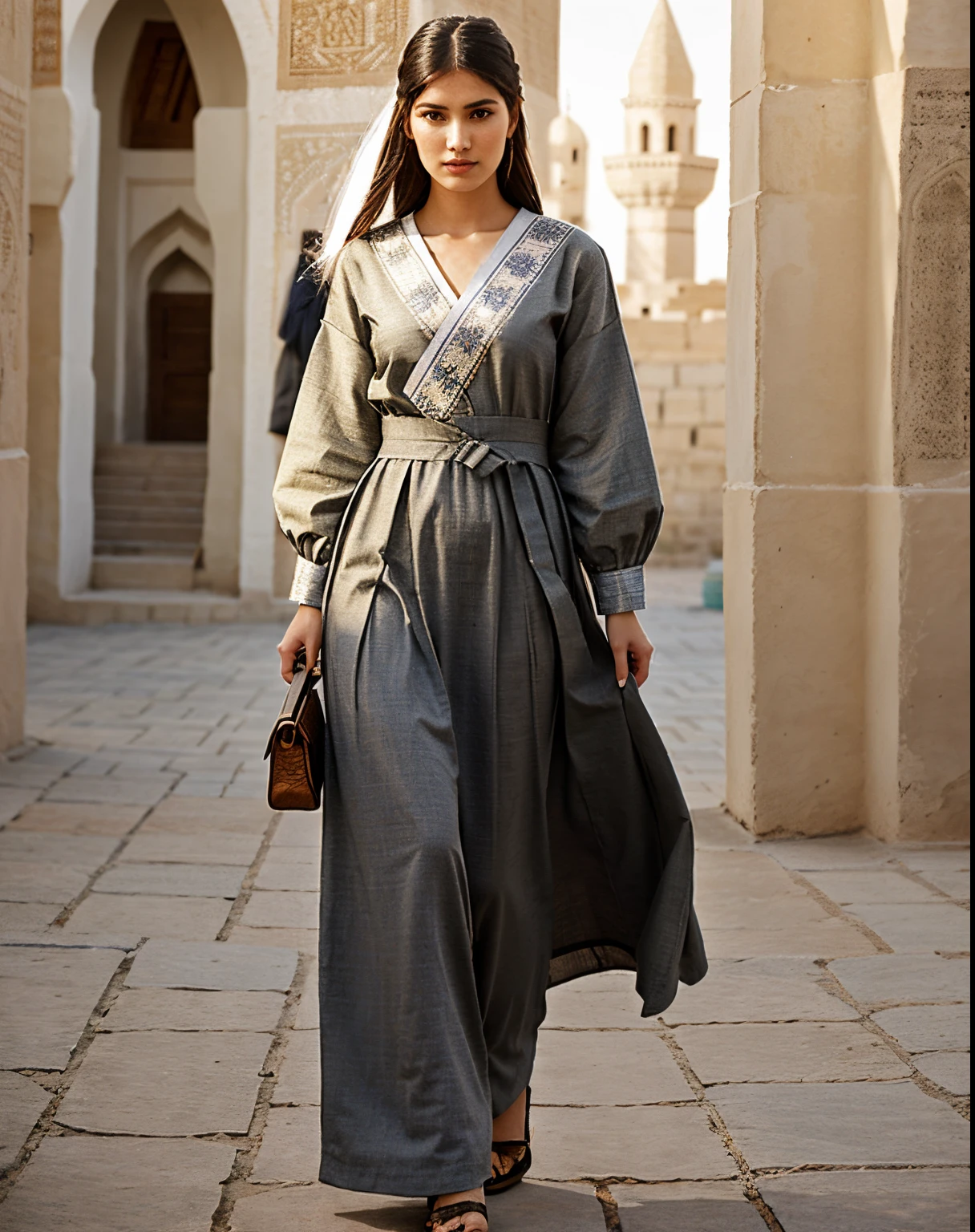Elevate your style with a dress that combines the modernity of high fashion with the rich history of the Ark Fortress in Bukhara. Opt for a hyperrealistic rendering and choose a material adorned with traditional patterns or artistic drawings.