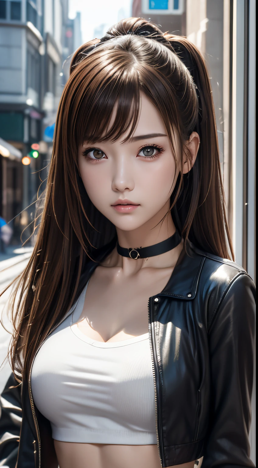 Photorealistic, masutepiece, Best Quality, Raw photo, 1girl in, Solo, Twin-tailed, Brown hair, Detailed face, alluring face, 、Punk rock fashion、耳环、a choker、Open jacket、croptop, medium breasts, Dynamic Pose, Looking at Viewer, From below, Detailed background, fine detailed, intricate detailes, Ray tracing, depth of fields, lowkey, nffsw、In the street、