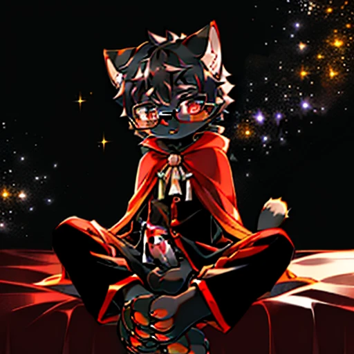 Character (feline with black, fluffy fur), (stars on his fur) (claws on each finger), (black glass glasses and stars on his lenses with red frames), (wears black pajamas with stars) (huge cape dark in which you can see space and many stars). (long ears), (starry and tousled black hair with the appearance of galaxies), (sunset-colored cape). (Long tail and a big fur pompom). Expressionless. (Little boy). (Little legs shaped like feet), (Sitting imposingly), (Body of a child), (shows his paws), (open pajamas), (sitting on a bed), (shows his penis), shota, kawaii, chibi, (black body), (bottomless), (focus on the character), ejaculation, (small stature), child, (pajama pants lowered), (shows his ????), (raised paws), (open legs)