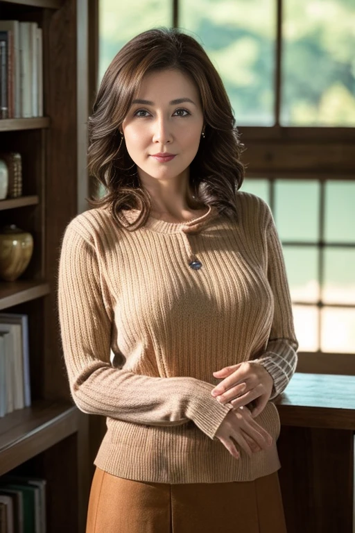top-quality, masterpiece, hight resolution, Photorealsitic, professional lighting, highly detailed, depth of fields, ((A beautiful mature woman)), ((40 years old)), Female sexy, Classroom, ((Sweaters, skirt by the)), Detailed face, beautiful eyes, bangss, medium breasts of good shape, Light Brown Straight Hair, Faint lips, ((stand facing forward、stare at the viewer, Serious face)), cowboy shot, sharp,