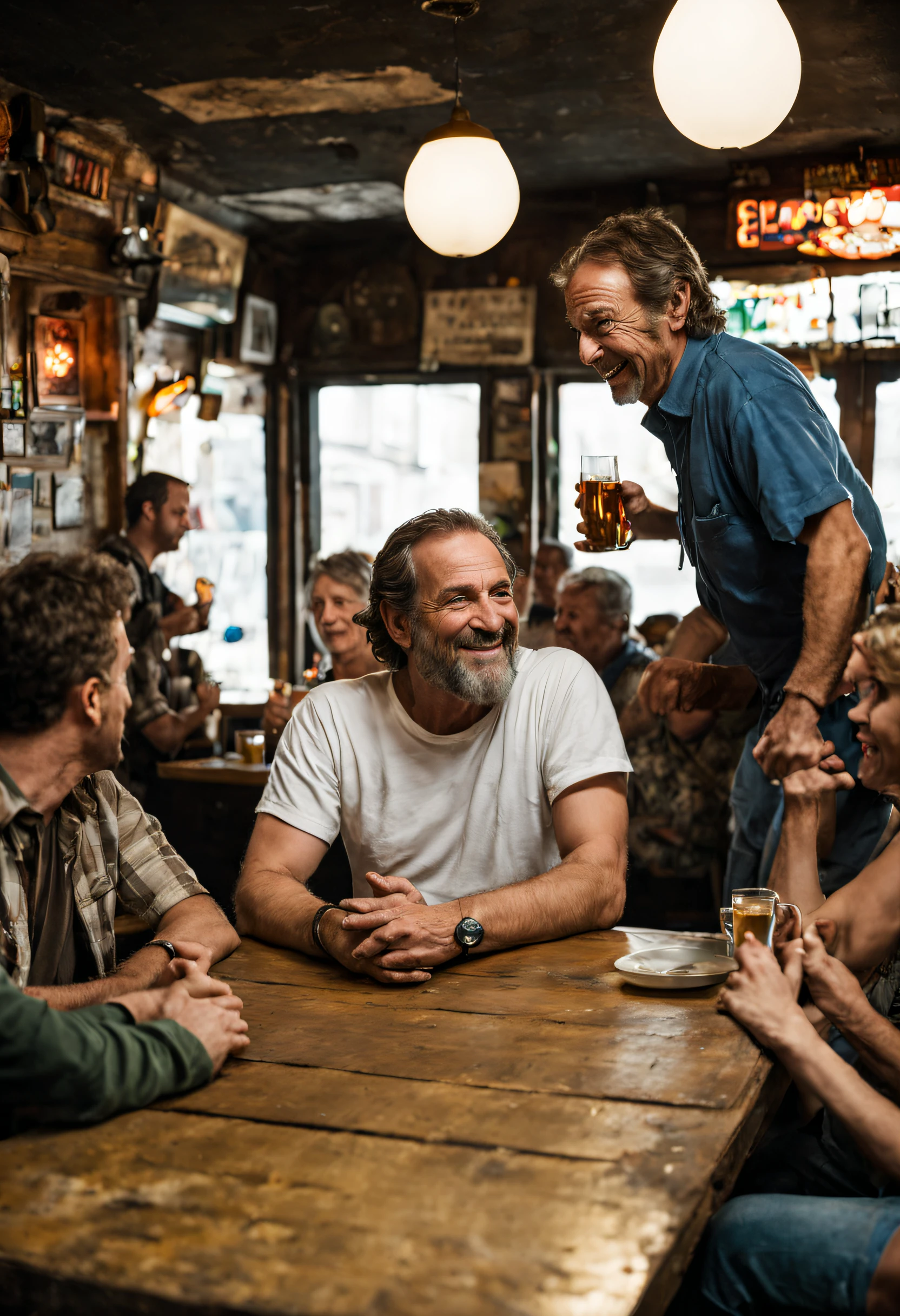 Visualize Jack, a middle-aged white man with a short beard, seated among the same group of friends inside the familiar gritty, low-income bar in the impoverished neighborhood.
Jack is dressed casually, wearing a white t-shirt and jeans, showing a noticeable shift in his appearance and demeanor.
His friends, a diverse group of both boys and girls, are gathered around him, dressed casually in their well-worn attire.
The atmosphere inside the bar is relaxed and friendly, with warm lighting and worn, comfortable furnishings.
Jack, the middle-aged man, engages with his friends in a humble and down-to-earth manner, actively listening to their stories and offering support.
His friends respond positively, sharing smiles and laughter as they exchange stories and experiences.
The tension from the previous scene has lifted, and trust and camaraderie now define their interactions.
The sense of community and connection is palpable as Jack, now transformed and without sunglasses, enjoys the genuine affection and trust of his friends.