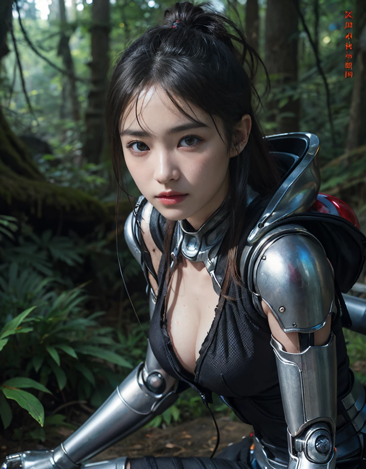 (1 Mechanical Girl)、(Mystical expression)、top-quality、masterpiece、超A high resolution、(Photorealsitic:1.4)、Raw photo、女の子1人、Fight mutants、glowy skin、(((1 Mechanical Girl)))、(Red Metal Bodysuit)、(Fight goblings、ogre、Fierce battle with Osite、Fierce battle with aliens、(beautiful forest background)、(Fighting Demonic Beasts)、(Small LED)、((super realistic details))、Portralong giant monster background),globalillumination、Shadow、octan render、8K、ultrasharp、Colossal tits、Raw skin exposed in the cleavage、red metal、Details of complex ornaments、Japan details、highly intricate detail、Realistic light、(Mystical expression),CGSoation Trenlou Eyes、Eyes shining towards the camera、Mechanical marginal blood vessels connected to neon detail tubes)、(Wires and cables connecting to the head)、Small LED、,Mechanical thighs、Toostock、(Hands are also made of machines)、(Fortress on a cliff)、机器人、