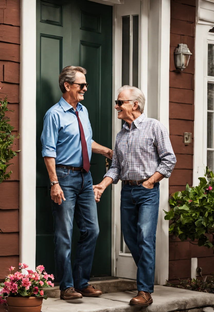Visualize Jack, a middle-aged white man, stepping out of his front door, dressed in a formal suit, tie, and sunglasses.
He's on his way to meet his neighbor, who he's never met before, and wants to make a good impression.
As he approaches his neighbor's door, Jack adjusts his tie and clears his throat, feeling slightly nervous.
His neighbor, a friendly middle-aged woman, opens the door, dressed casually in jeans and a t-shirt.
Jack extends his hand confidently, offering a firm handshake, and introduces himself with a warm smile.
The neighbor reciprocates the handshake and introduces herself in return, appreciating Jack's polite gesture.
The two strike up a friendly conversation, with Jack  an effort to be polite and engaging, despite the stark contrast in their attire.
As they chat, the initial formality fades, and they begin to connect on a neighborly level, setting the foundation for a positive neighborly relationship.