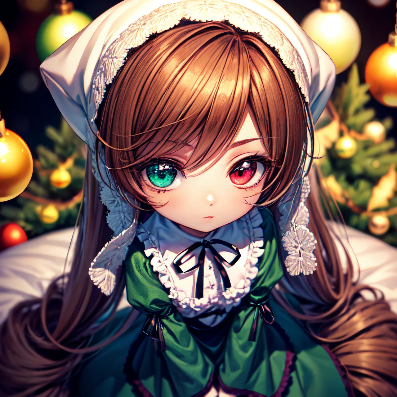 best quality, masterpiece, tiny chibi suiseiseki, bonnet, head scarf, heterochromia, green dress, neck ribbon, twin drills, ((is staying)), gift box, looking to viewer, focus on face, (shot from above), (close-up:0.8), christmas tree on background, (christmas atmosphere), intricate angle, detailed, intricate