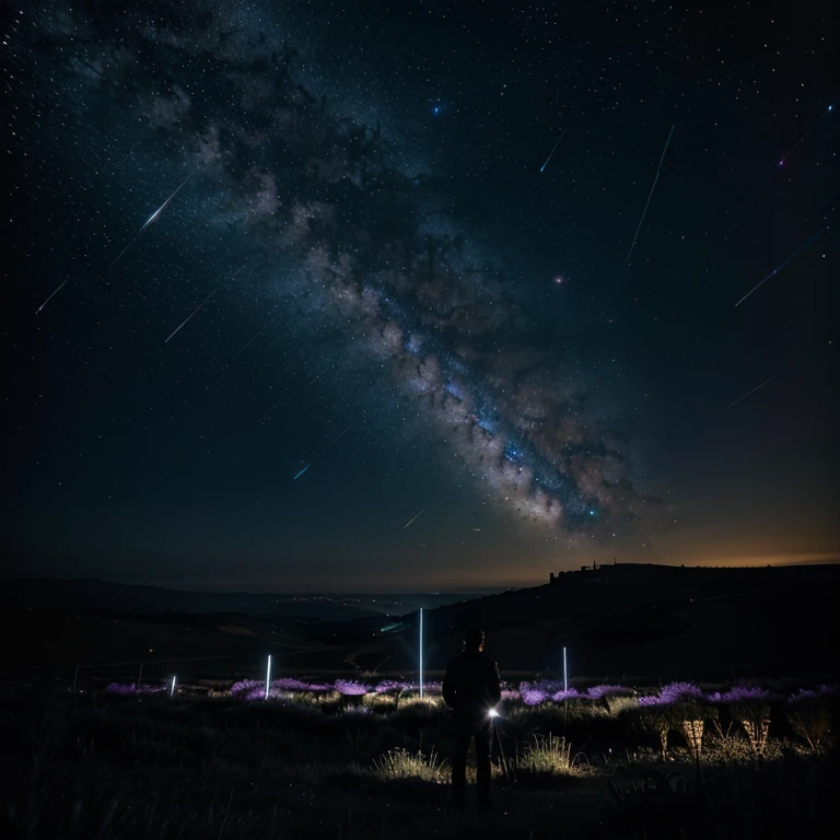 Démon dans un champs avec un ceel étoilé et galaxies visible