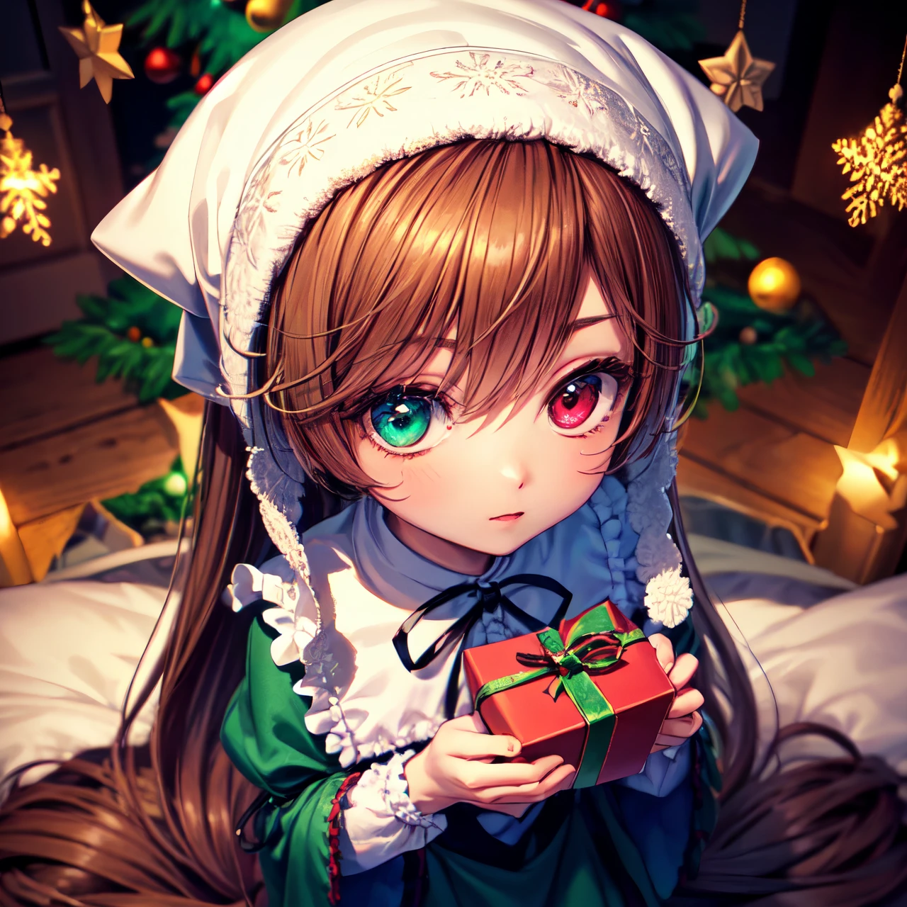 best quality, masterpiece, tiny chibi suiseiseki, bonnet, head scarf, heterochromia, green dress, neck ribbon, twin drills, ((is staying)), gift box, looking to viewer, focus on face, (shot from above), (close-up:0.8), christmas tree on background, (christmas atmosphere), intricate angle, detailed, intricate