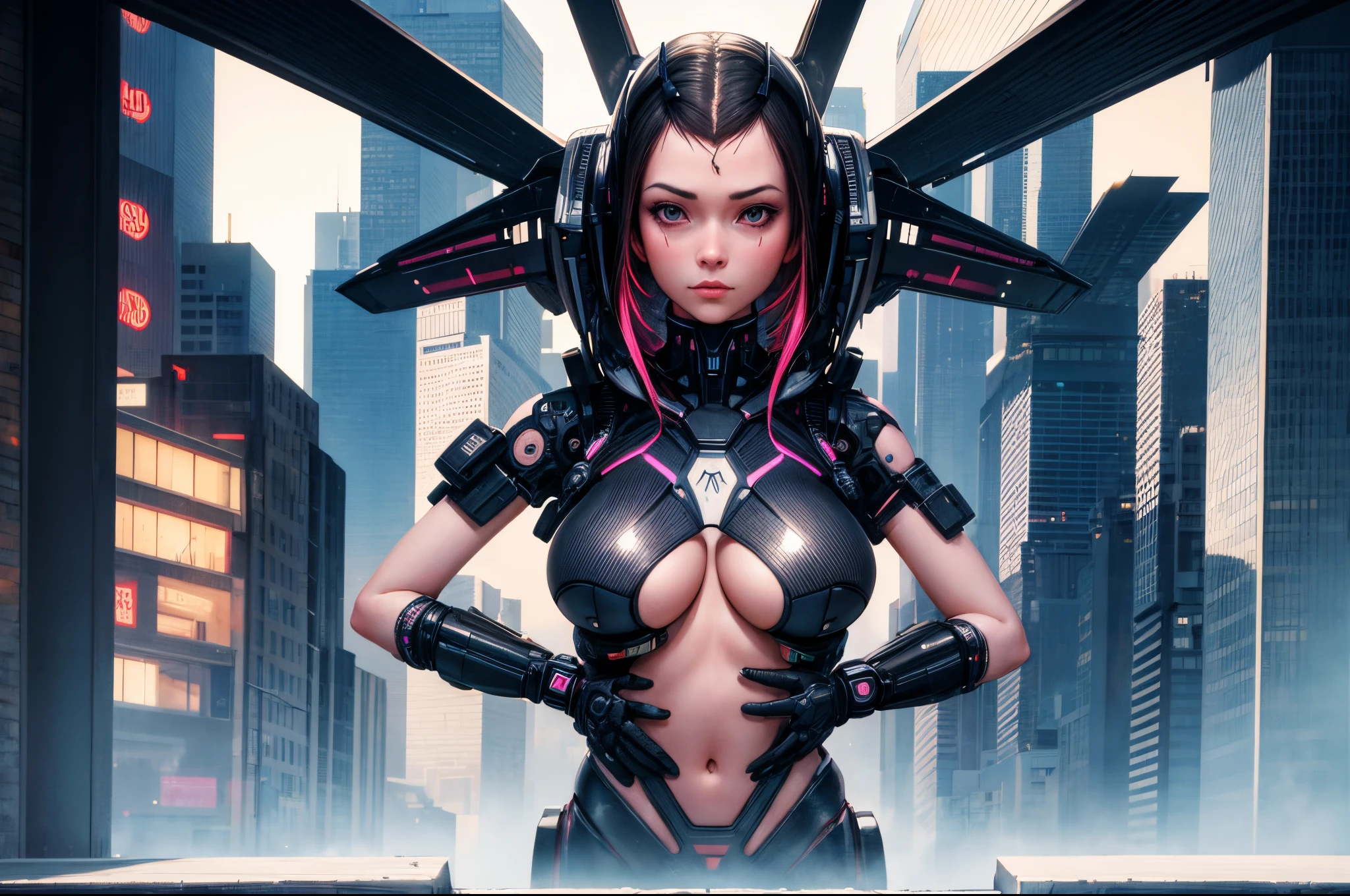 futura girl silhouette, in the style of cybernetic surrealism, realistic hyper-detailed portraits, 32k uhd, city portraits, daz3d, colorful surrealist, mind-bending murals, enormous tits