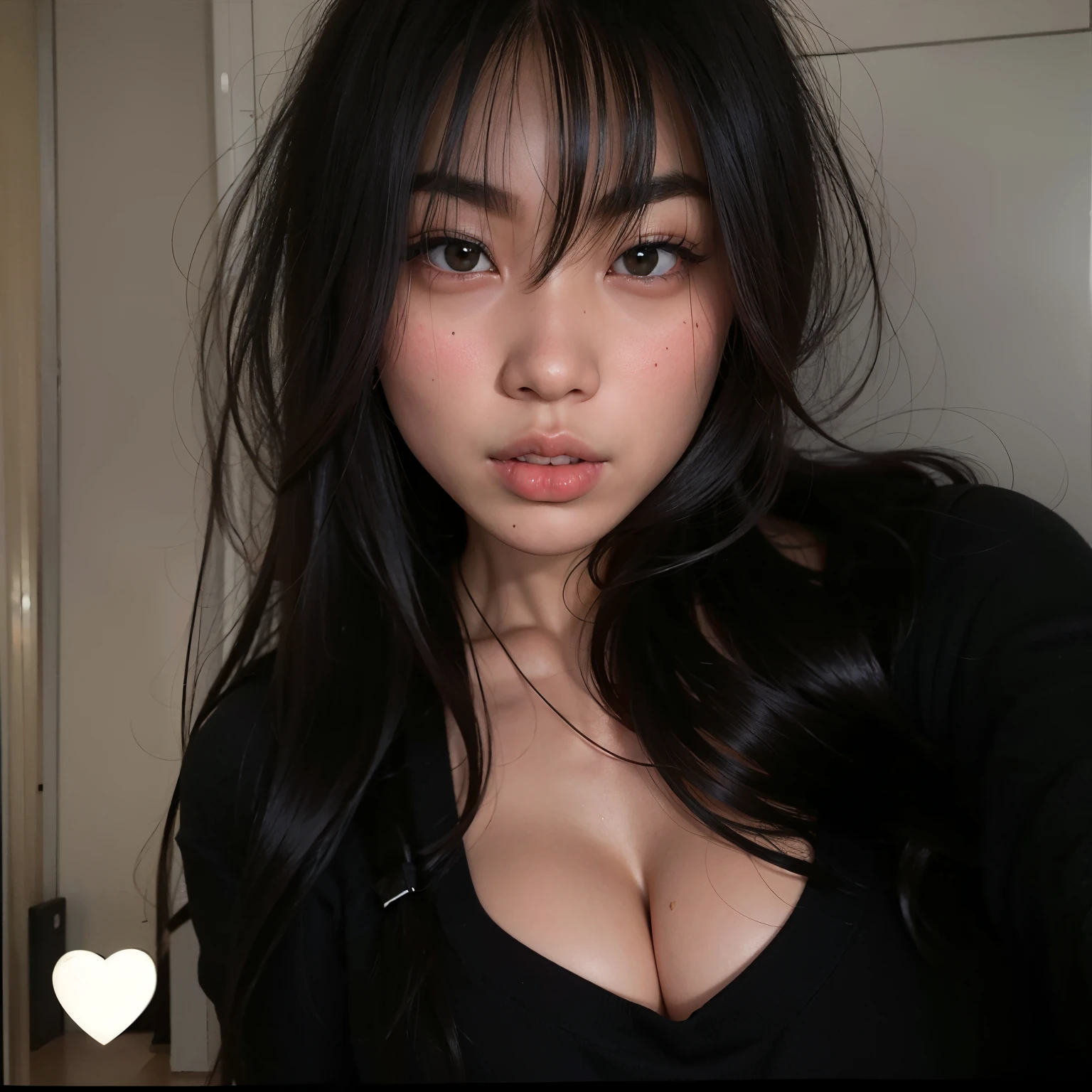 there  a woman with long hair and a black top, asian girl, she has black hair with bangs, asian face, an asian woman, she  facing the camera, 🤤 girl portrait, sexy look at the camera, beautiful asian girl, 18 years old, asian female, she has a cute face, south east asian with round face, sultry expression