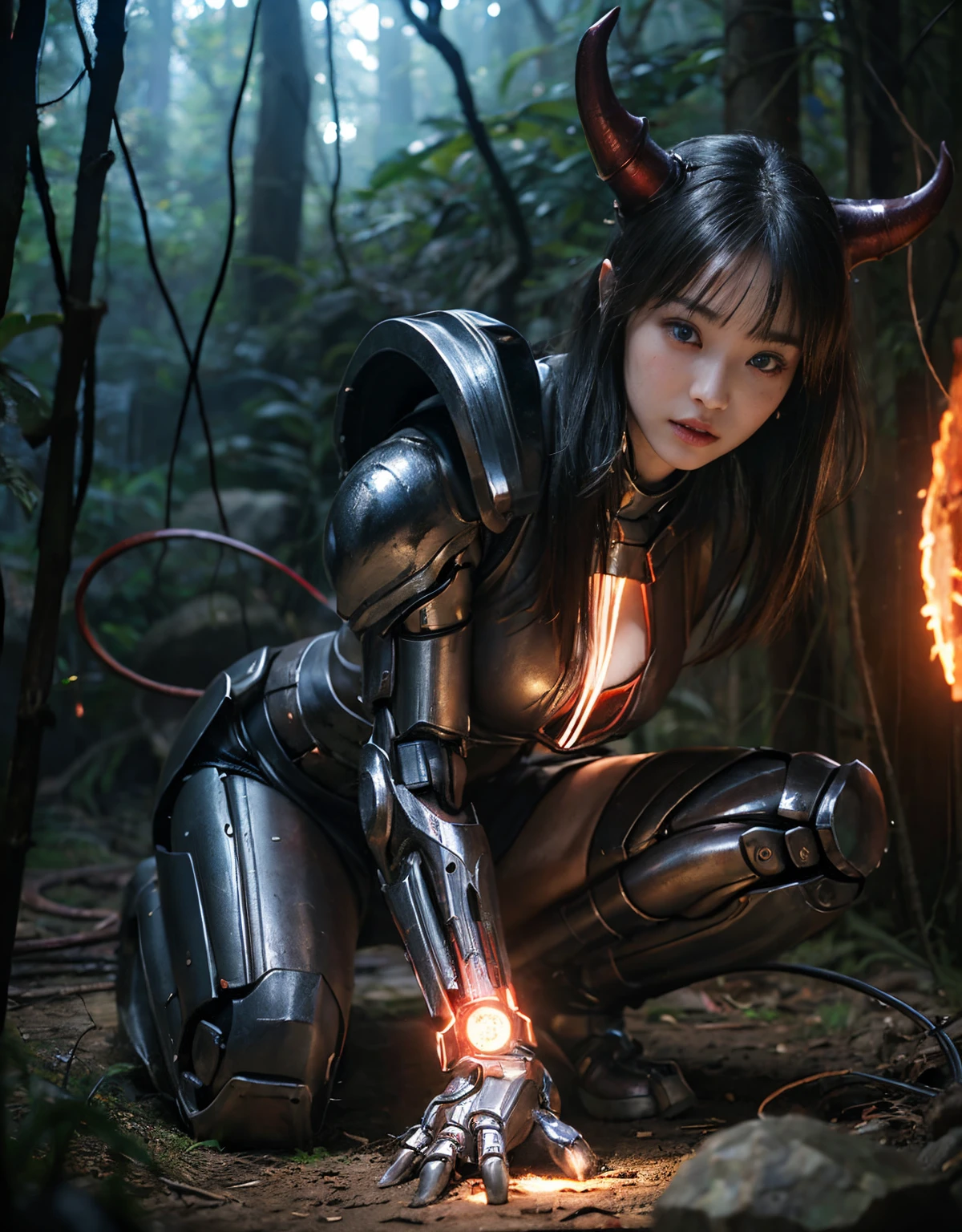 (1 Mechanical Girl)、（Mystical expression）、top-quality、​masterpiece、超A high resolution、(Photorealsitic:1.4)、Raw photo、女の子1人、Fight mutants、glowy skin、(((1 Mechanical Girl)))、（Red Metal Bodysuit）、(Fight goblings、ogre、Fierce battle with Osite、Beautiful forest background of fierce battle with aliens)、(Fighting Demonic Beasts)、(Small LED)、((super realistic details))、vertical giant monster background),globalillumination、Shadow、octan render、8K、ultrasharp、Colossal tits、Raw skin exposed in the cleavage、red metal、Details of complex ornaments、Japan details、highly intricate detail、Realistic light、(Mystical expression),CG Society Trenlow Eyes、Eyes shining towards the camera、Mechanical marginal blood vessels connected to neon detail tubes)、(Wires and cables connecting to the head)、Small LED、,Mechanical thighs、Toostock、（Hands are also made of machines.traces on the cliff）、机器人、