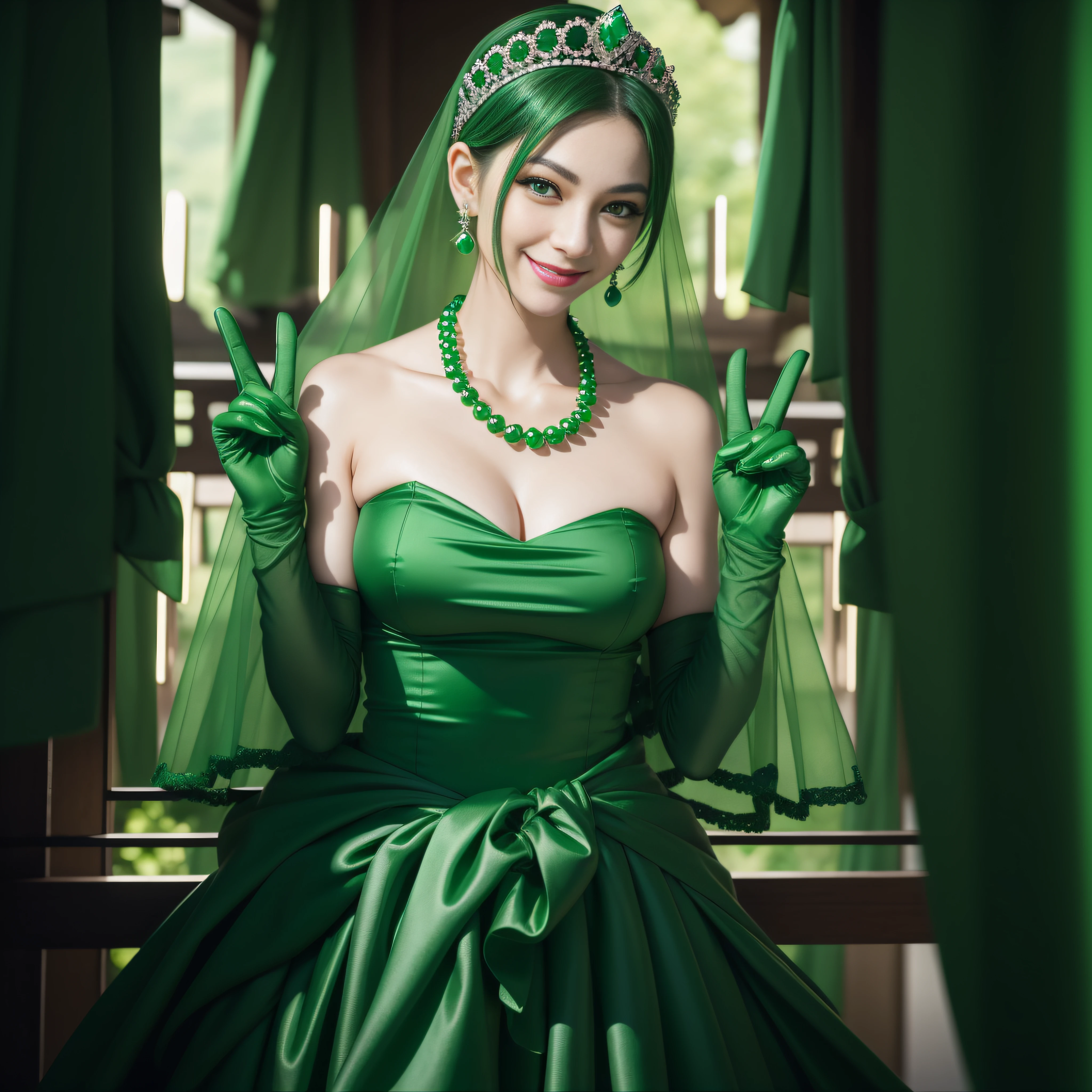 emerald tiara, Green Pearl Necklace, Boyish very short green hair, lipsticks, Japan woman smiling, very short short hair, big breasts beautiful, Green eyes, Long green gloves made of satin material, Green eyes, Emerald Earrings, green vale, v sign