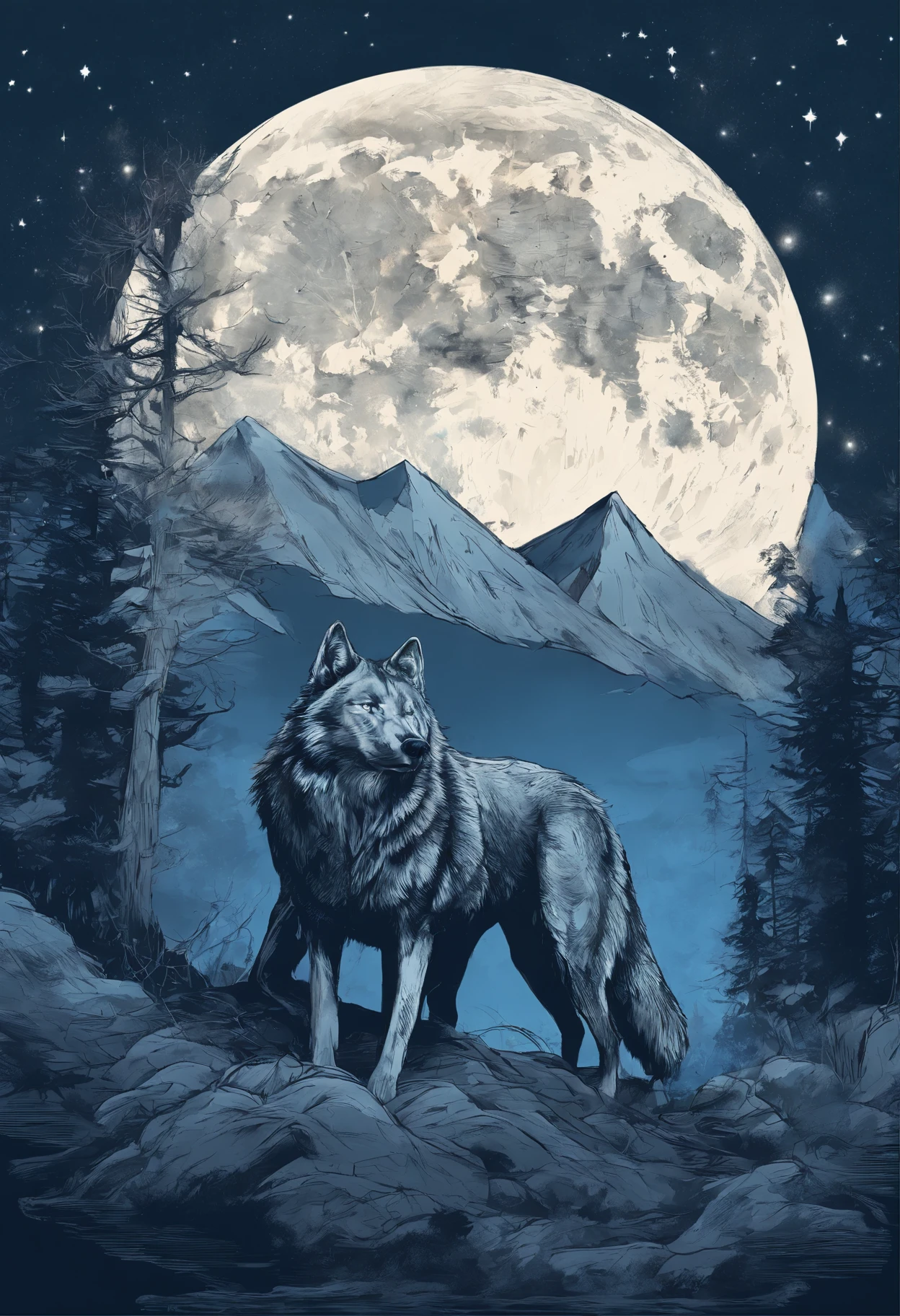 Arte realista da tatuagem do lobo preto e cinza (((olhos blue))), background with night sky and full moon 、Parece muito ferozmente irritado