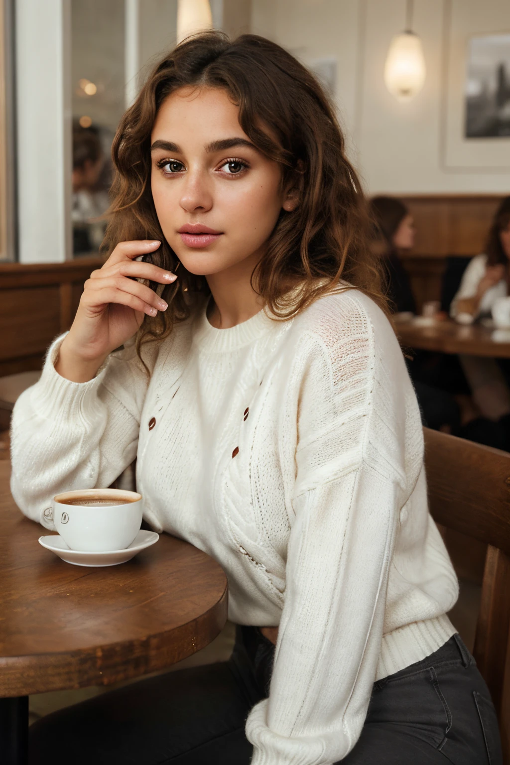 Beautiful face, delicate facial features, curly hair, tanned complexion, super realistic, big brown eyes, beautiful lips, perfect nose, well lit, polish girl,, Drinking coffee in a restaurant, lost in thought, reading a book, wearing a white sweater and black pants