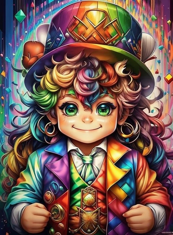 (cute leprechaun smiling with rainbow), Eduardo Kobra acolchoamento ,multidimensional geometric wall PORTRAIT, arte, Chibi,
Yang08k, lindo, Colouring,
Primary works, qualidade superior, melhor qualidade, Arte Oficial, Beautiful and Aesthetic, pelos coloridos,