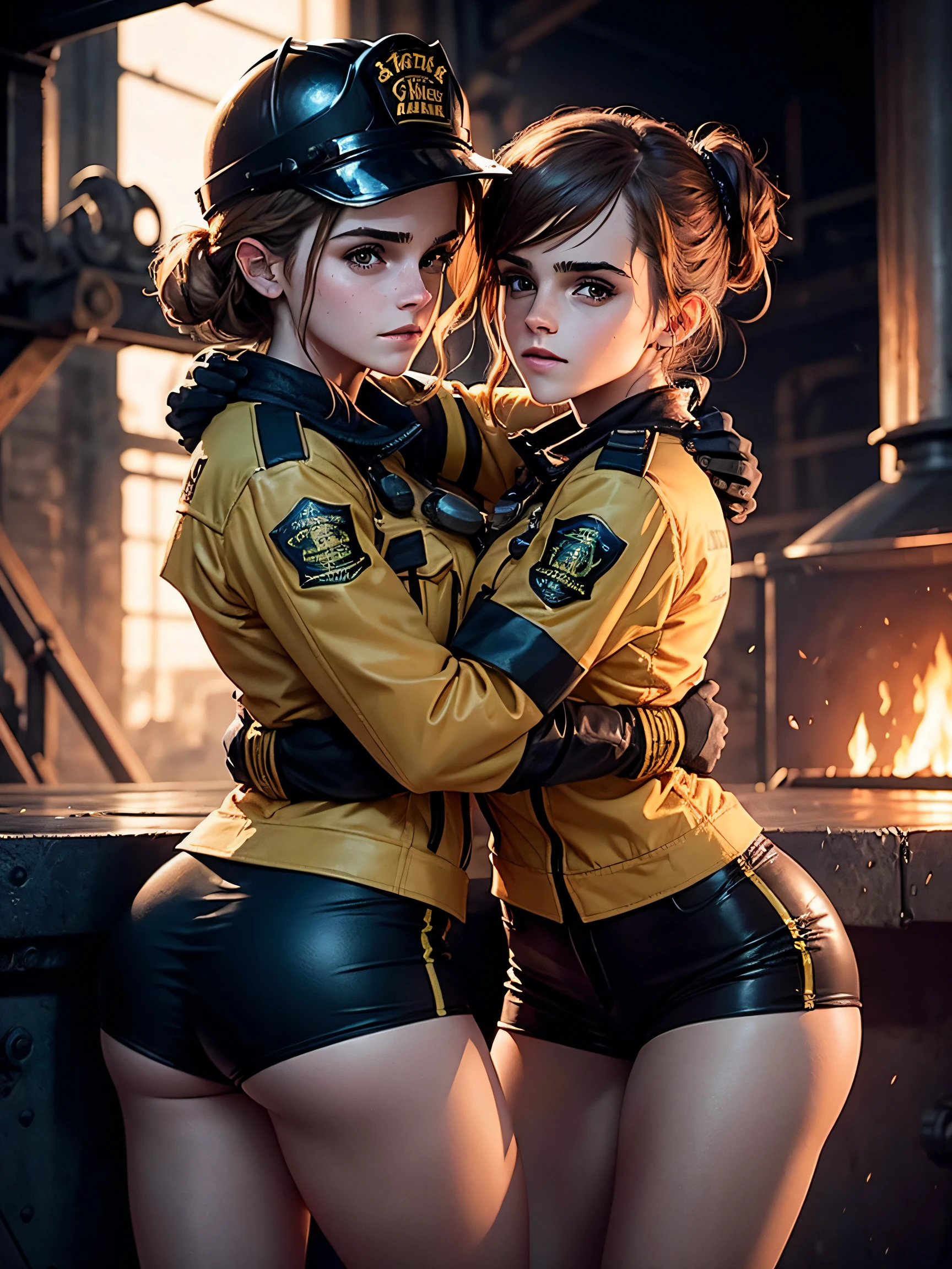 emma watson as two sexy firefighter girls sitting on a fence. tight intricate uniform. brown shorts. slender body. hugging each other. open legs. inside dark metal factory. dark background, furnace. goggles.