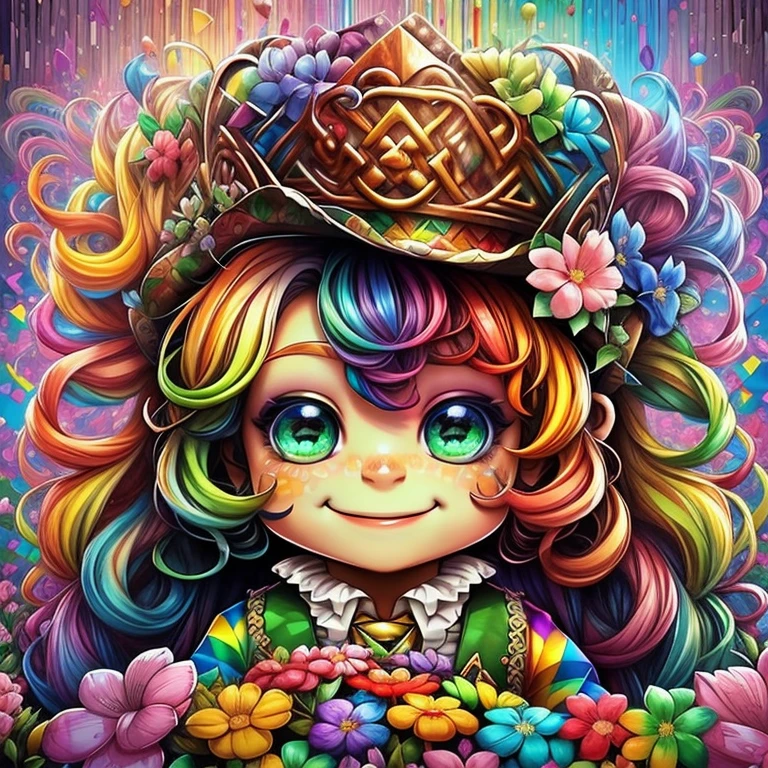 (cute leprechaun smiling with rainbow and flowers), Eduardo Kobra acolchoamento ,multidimensional geometric wall PORTRAIT, arte, Chibi,
Yang08k, lindo, Colouring,
Primary works, qualidade superior, melhor qualidade, Arte Oficial, Beautiful and Aesthetic, pelos coloridos,
