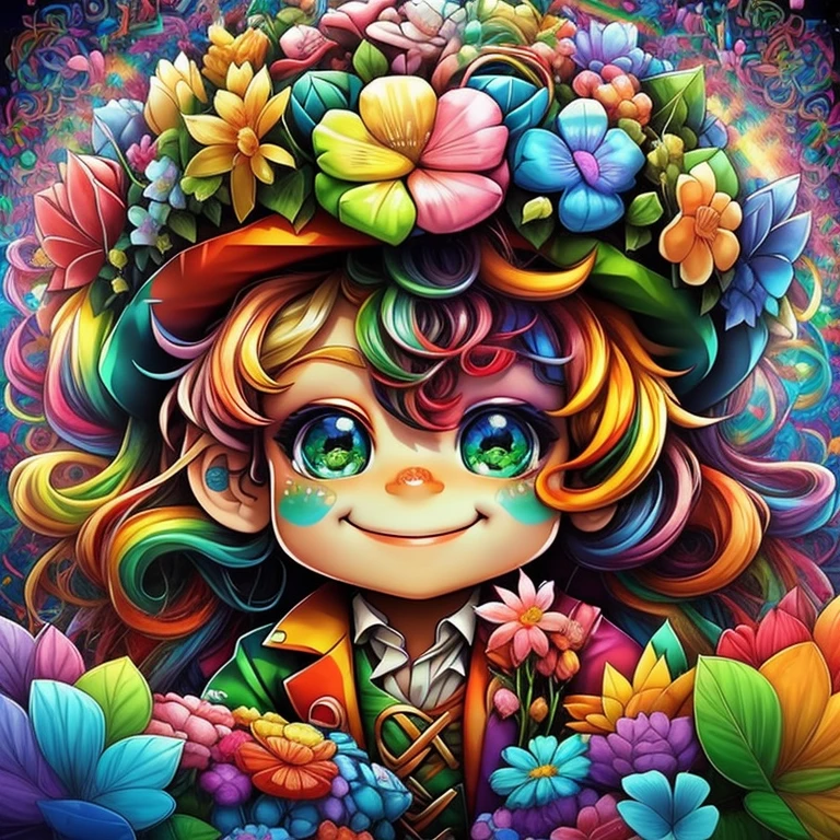 (cute leprechaun smiling with rainbow and flowers), Eduardo Kobra acolchoamento ,multidimensional geometric wall PORTRAIT, arte, Chibi,
Yang08k, lindo, Colouring,
Primary works, qualidade superior, melhor qualidade, Arte Oficial, Beautiful and Aesthetic, pelos coloridos,
