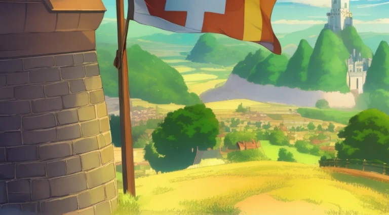 There a picture of the castle,There a flag on it, Anime countryside landscape, distant village background, arte de fundo, Anime background art, Studio Ghibli Sunshine, Anime landscapes, anime backgrounds, beautiful anime scenery, Ghibli Studio Environment, Anime landscape concept art, Anime landscapes, anime movie backgrounds, Detailed landscapes, Detailed scenery – width 672, anime scene