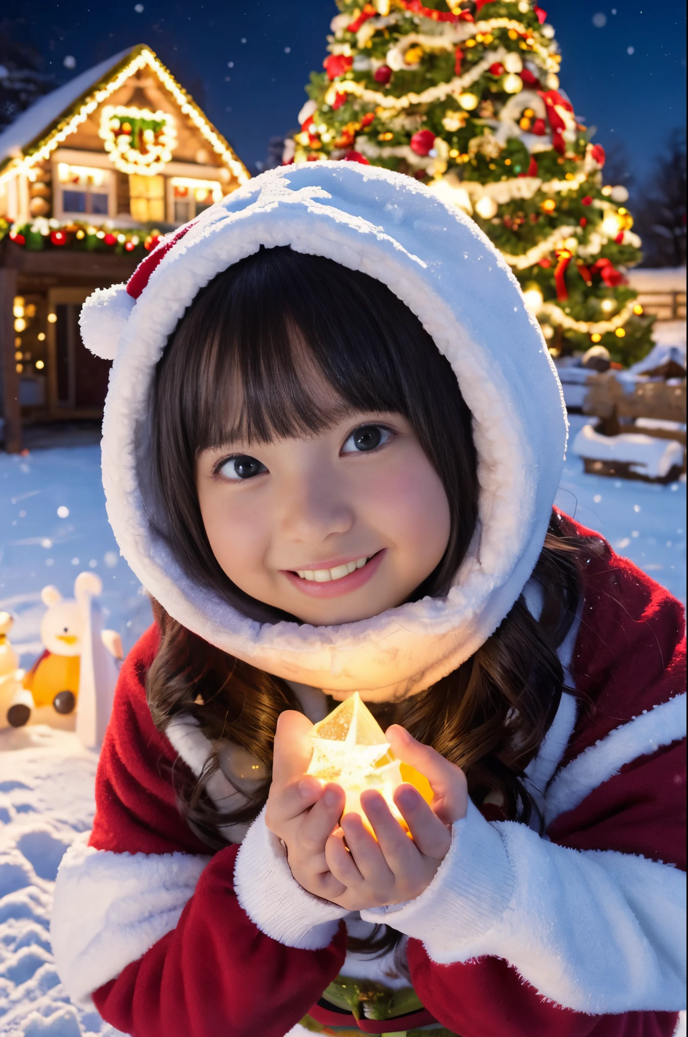 (Best Quality,4K,hight resolution,masutepiece:1.2),Realistic,Christmas,girl (),Embracing a big teddy bear,stuffed animal,Wear warm clothes,Snow falling in the background,Winter wonderland,Joyful expression,Magical atmosphere,Soft lighting,Vivid colors,Happiness,laught,Welcoming environment,Warmth,Smiling eyes,Curly hair,Shimmering decoration,Twinkling lights,toy train set,wrapped present,Rooftop with Santa Claus and reindeer flying in the distance,Magic Snowflake,christmas tree with ornaments,log cabin,curl up near the fireplace,hot chocolate with marshmallows,Peace and quiet,Excitement and anticipation,Snowy landscape,childhood innocence,Enchanted moments,Playful laughter,Upholstered stockings,Holiday spirit,love and togetherness.Hug a giant stuffed teddy bear