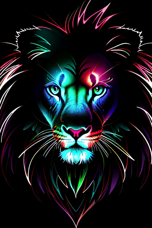 swirling vortexes, a lion , grace, dignified, integrity, holiness, brave heart, fang, neon gradation lighting, professional art work, ultra quality, associate graphic illustration, heat haze mist, (soft smooth long fur:1.2), through the darkness, clear eyes, blowing wild, demon of war, broken glass dripping background intricate detail,