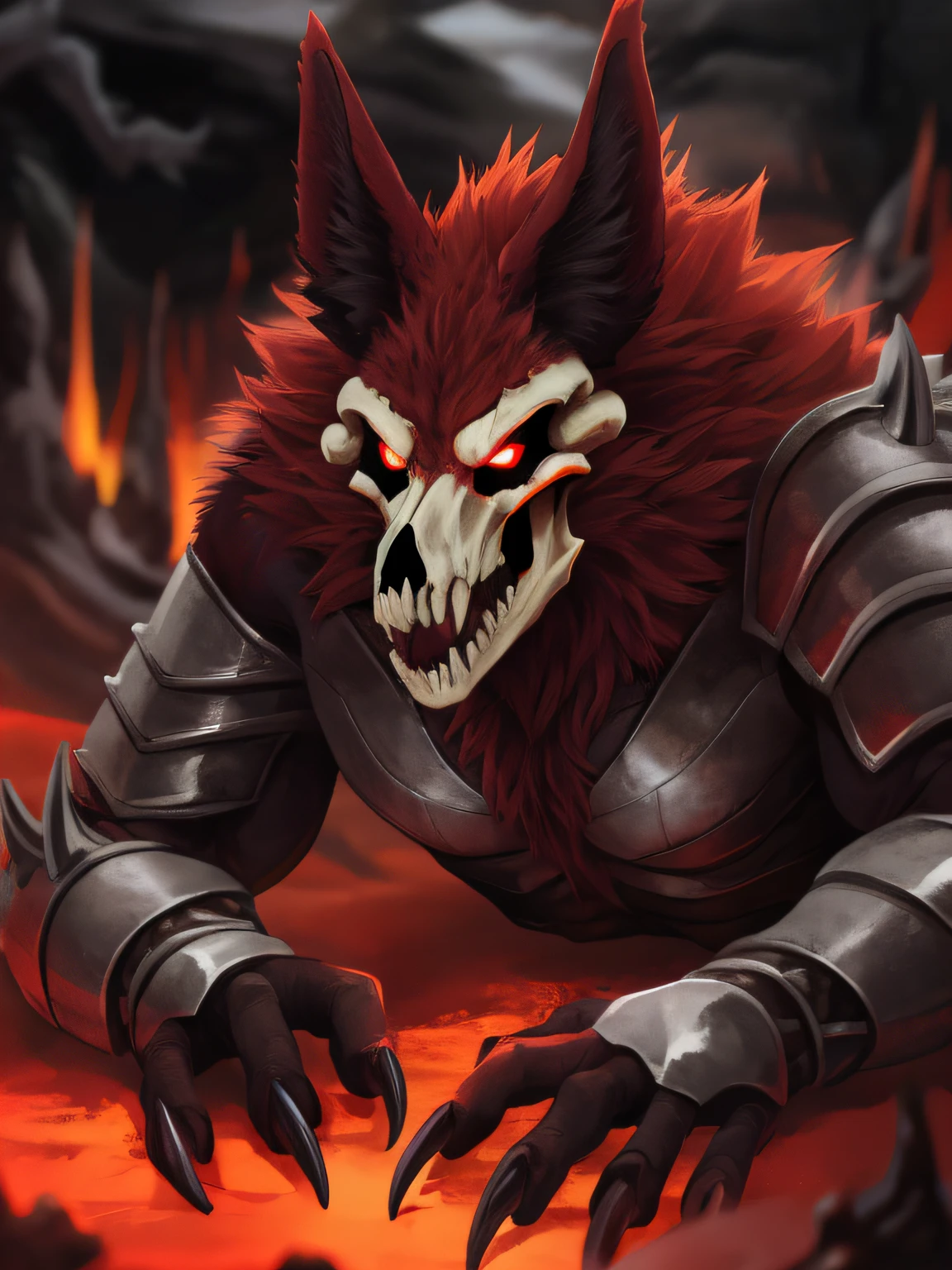 hi res, (Demon Skulldog), red fur, anthro, blurred background, male, muscular, muscular anthro, muscular male, tail, solo, detailed background, (kemono), glowing eyes, suggestive, Hell Demon Armour, Hell Background, closed mouth, grin, claws, lying down, 4 arms