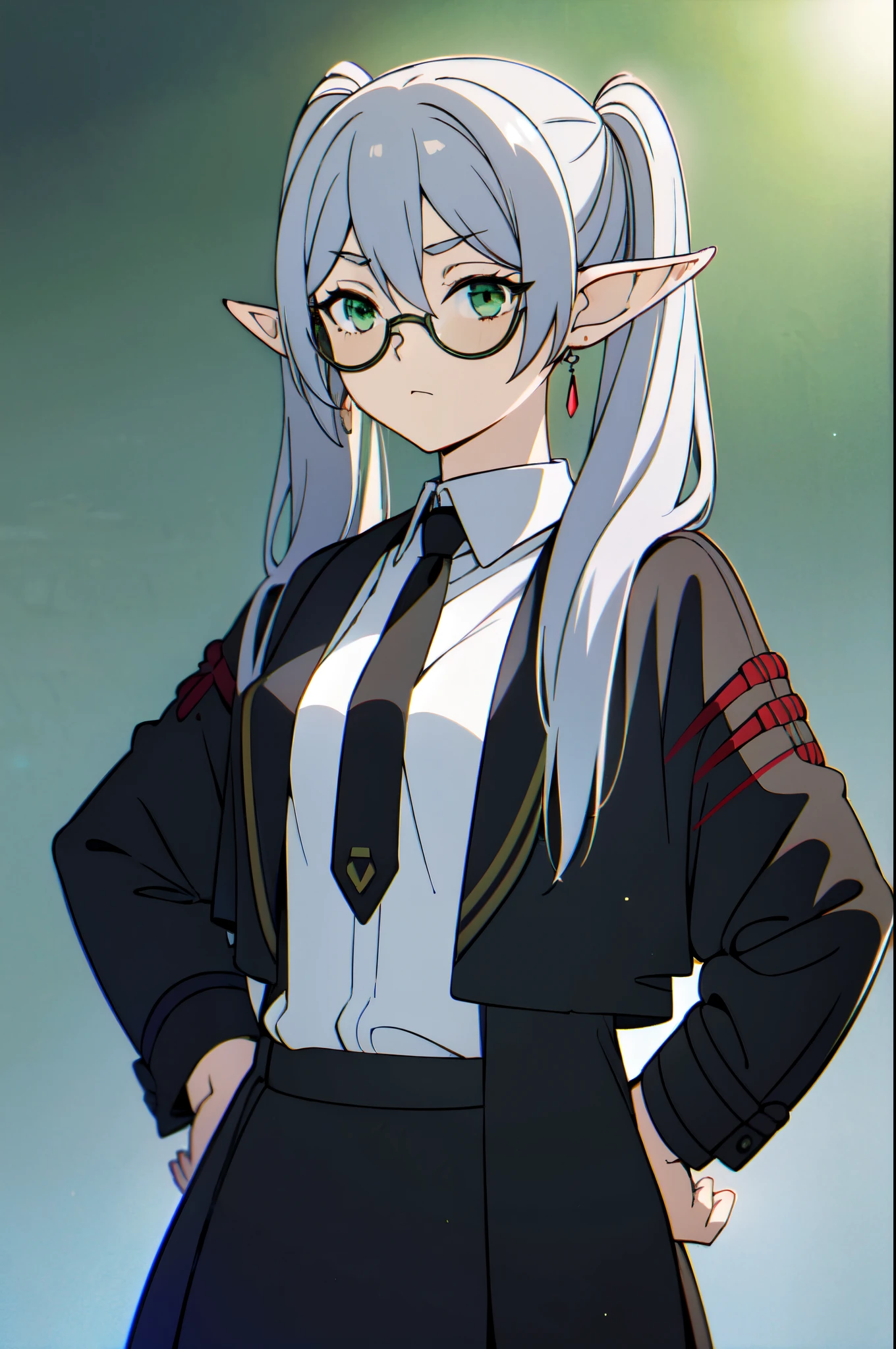 masterpiece, best quality, 8k, 1girl, solo, frieren, long hair, twintails, (green eyes:1.2), grey hair, pointy ears, elf, serious, closed mouth, beautiful, perfect bokeh, small breasts, formal, (black jacket, necktie, skirt suit, pantyhose), ((sunglasses)), light particles, bokeh, black background (close-up), upper body, (hands on hips), absurdres