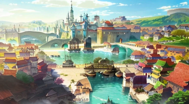 There  a small bridge across the river in the town, Bustling magic town, Downtown background, beautiful anime scenes, Small town background, town in background, beautiful anime scenery, Anime beautiful peaceful scene, Anime landscapes, Anime landscape concept art, Anime countryside landscape, Anime background art, medeival fantasy town, Renaissance port city background, anime scene