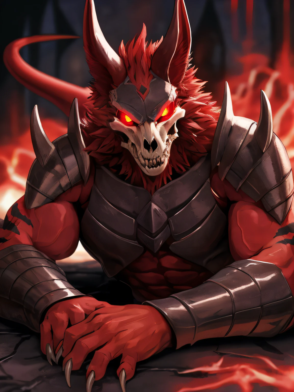 hi res, (Demon Skulldog), red fur, anthro, blurred background, male, muscular, muscular anthro, muscular male, tail, solo, detailed background, (kemono), glowing eyes, suggestive, Hell Demon Armour, Hell Background, closed mouth, grin, claws, lying down, 4 arms