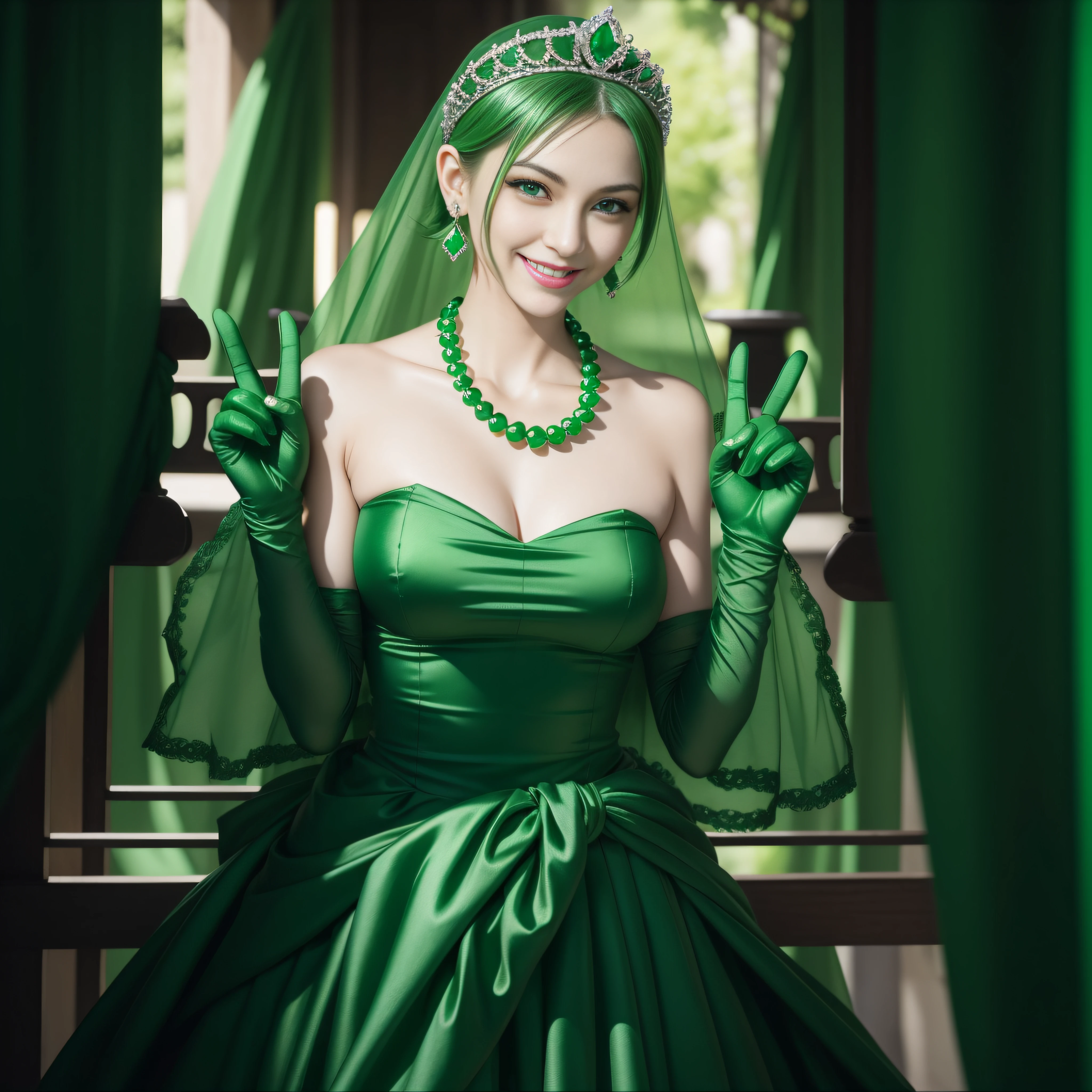 emerald tiara, Green Pearl Necklace, Boyish very short green hair, lipsticks, Japan woman smiling, very short short hair, big breasts beautiful, Green eyes, Long green gloves made of satin material, Green eyes, Emerald Earrings, green vale, v sign
