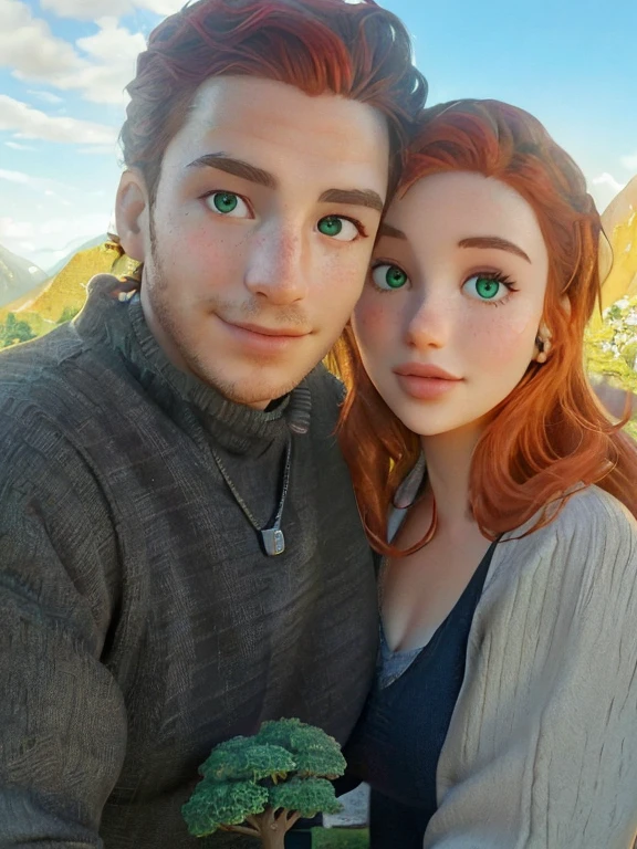 there a man and woman that are posing for a picture, reddit post, with mountains in the background, with mountains in background, profile picture 1024px, charlie bowater and artgeem, thomas danthony and malika favre, profile image, with red hair and green eyes, with a tree in the background, headshot profile picture