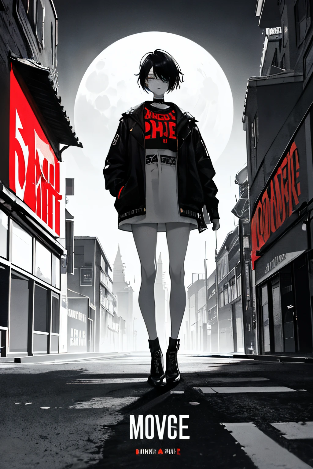 Movie Poster Style, Specific text, Strong color contrast, Stunning composition, moon in background、bold and trendy, , which are full of confidence, street scene,english text, Bold fashion,Confident attitude,Women's Empowerment,Street style, Fashion,bold typography,high,Contrast Color, Clothing,Eye-catching composition,The atmosphere of the cityscape