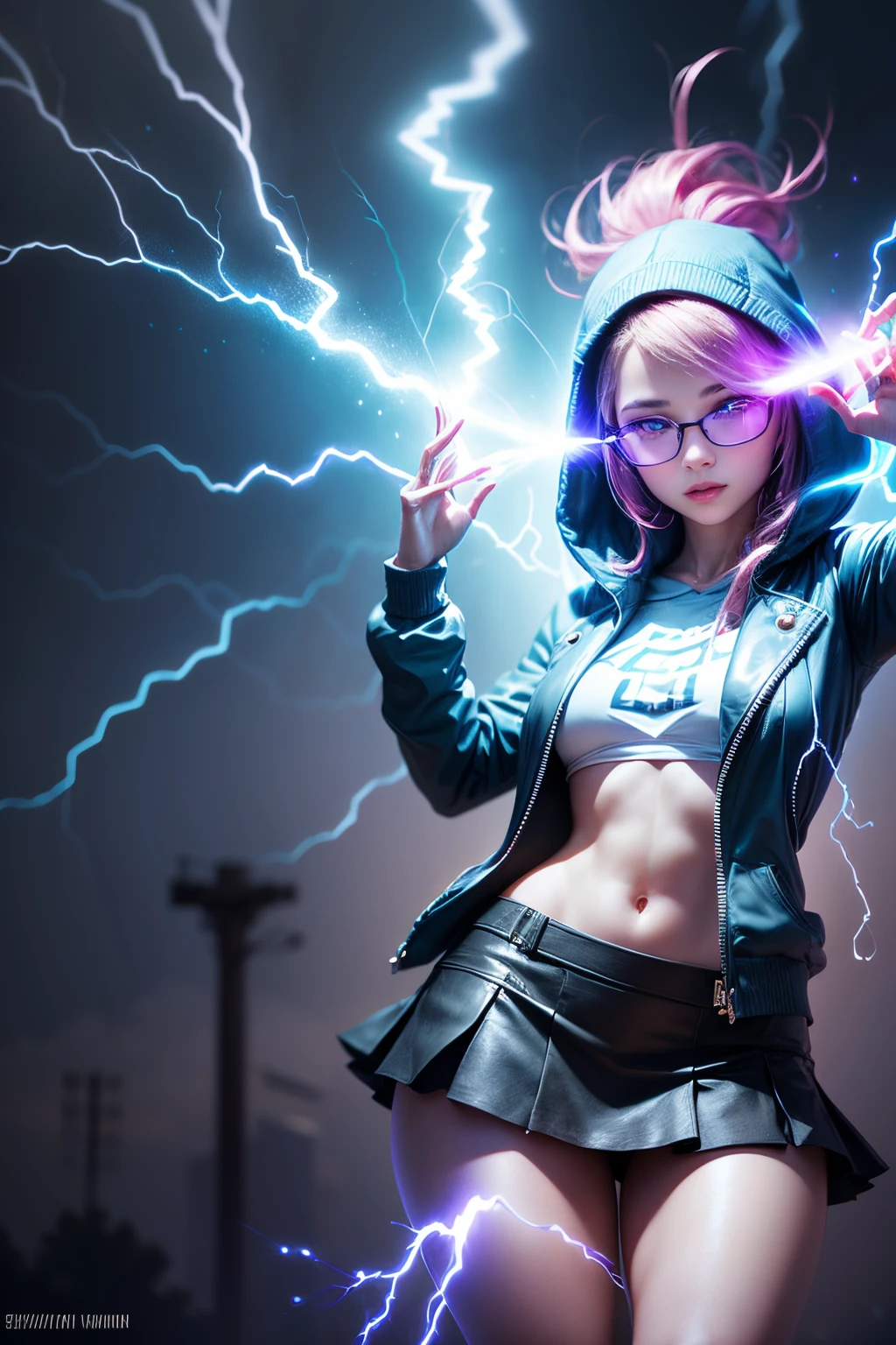 arafed woman in a short skirt and a hoodie posing for a picture, electric woman, she attracting lightnings, light effect. feminine, splashes of lightning behind her, electricity aura, expert light effects on figure, fashion neon light, glowing lens flare wraith girl, ultraviolet photography, amazing lighting effect, surreal lighting