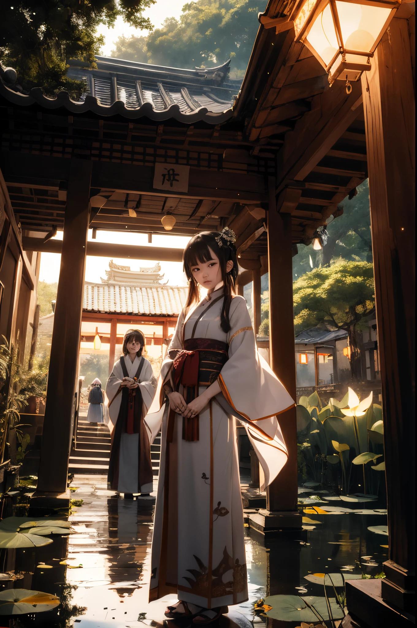Ridiculous resolution, high resolution, (masterpiece:1.4), Japanese girl, Vietnamese ao dai, holding an old family photo in her hand, anime, face with an unhappy expression, standing next to a lotus pond, surrounded by a banyan tree and an ancient temple, the name of the temple Temple means Old Temple in Chinese, in the middle of the dark night, the new moon, fireflies filled the space, white smoke spread throughout the space due to someone burning the field from afar