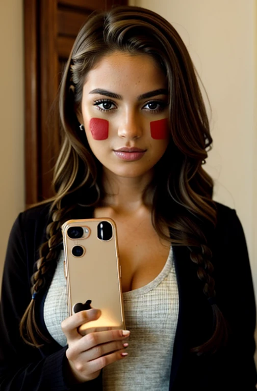 "Imagine a PORTRAIT of JACKIE U VIAVIA a friendly 27-year-old AmerICAN. She has short,neatly plaited and braided BROWN hair, striking brown eyes." POSING AND HOLDING HER IPHONE 14 PRO MAX."