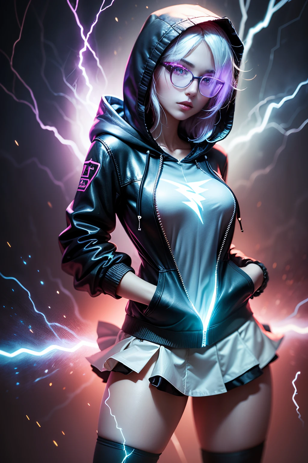 arafed woman in a short skirt and a hoodie posing for a picture, electric woman, she  attracting lightnings, light effect. feminine, splashes of lightning behind her, electricity aura, expert light effects on figure, fashion neon light, glowing lens flare wraith girl, ultraviolet photography, amazing lighting effect, surreal lighting