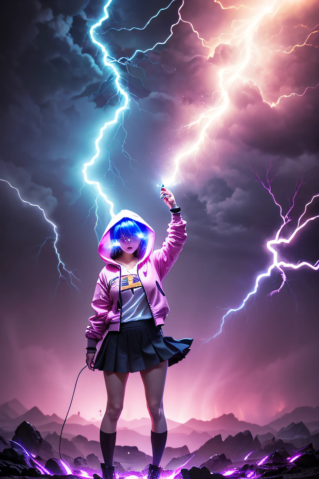 arafed woman in a short skirt and a hoodie posing for a picture, electric woman, she attracting lightnings, light effect. feminine, splashes of lightning behind her, electricity aura, expert light effects on figure, fashion neon light, glowing lens flare wraith girl, ultraviolet photography, amazing lighting effect, surreal lighting