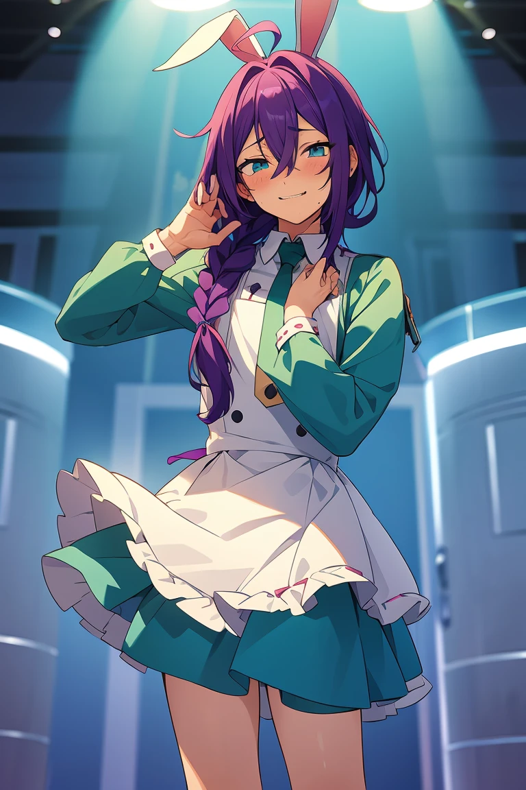 long hair, mole under mouth, purple hair, single braid, hair between eyes, aqua eyes, sharp teeth, ahoge, 1boy, blush, smile, cowboy shot, white bunny ears, white maid outfit