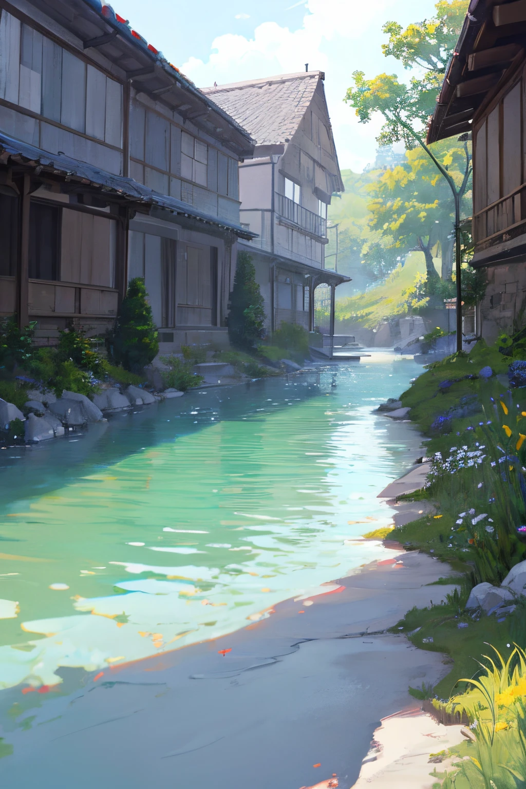 Makoto Shinkai y Ghibli Studio, rofi, Chica anime jugando agradablemente en un hermoso arroyo en un yukata., Casa del Viejo Folk, Ojos distantes, silueta claramente delineada, soleado, verano, Very detailed and incredible quality., tendencia, Obra maestra, 8K high resolution artwork created on the art station