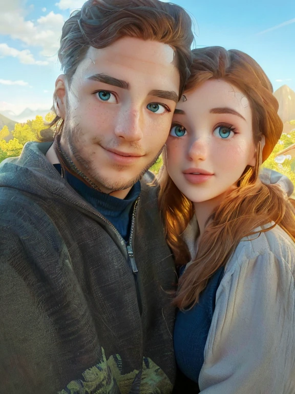 there  a man and woman that are posing for a picture, reddit post, with mountains in the background, with mountains in background, profile picture 1024px, charlie bowater and artgeem, thomas danthony and malika favre, profile image, with brown hair and blue eyes, with red hair and brown eyes, headshot profile picture