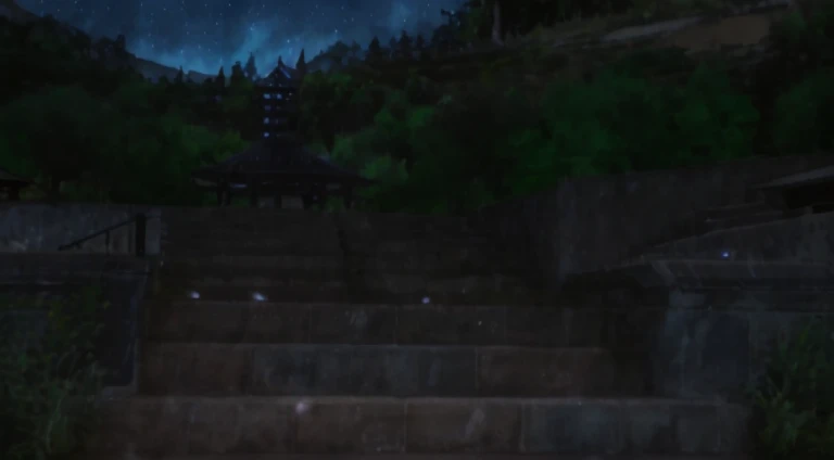 Night scene of stone staircase leading to building, Mysterious temple setting, Night video, anime backgrounds, during night, anime scene, Starry sky environment in moonlight, stairways, beautiful anime scenes, Anime background art, cutscene clips, In-game footage, In-game footage, stairways, anime movie backgrounds, random background scene, Night village background