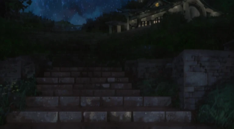 Night scene of stone staircase leading to building, Mysterious temple setting, Night video, anime backgrounds, during night, anime scene, Starry sky environment in moonlight, stairways, beautiful anime scenes, Anime background art, cutscene clips, In-game footage, In-game footage, stairways, anime movie backgrounds, random background scene, Night village background