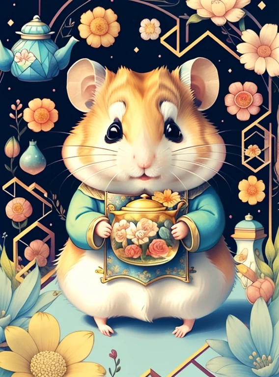 (cute hamster smiling with teapot and flowers), Munchkin ,Geometric multidimensional wall portrait, livro de arte, Tchibi,
Yang08k, Beautiful, Colouring,
Obras, of the highest quality, best quality, Arte Oficial, Beautiful and Aesthetic,