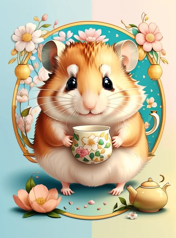 (cute hamster smiling with teapot and flowers), Munchkin ,Geometric multidimensional wall portrait, livro de arte, Tchibi,
Yang08k, Beautiful, Colouring,
Obras, of the highest quality, best quality, Arte Oficial, Beautiful and Aesthetic,