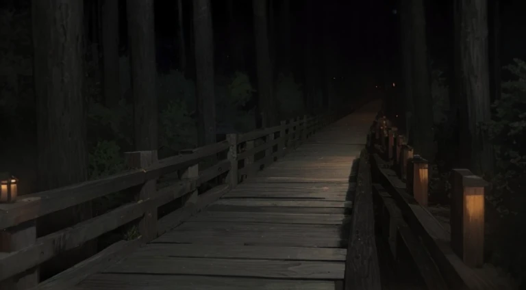 Feder wooden bridge in dark forest under full moon, Horror environment, dark night environment, In the middle of the dark forest, Night in the woods, in the forest at night, creepy backgrounds, anime scene, Background with ( Dark _ Smoke smell ), creepy forest, in the forest at night, dark fantasy environment, Quiet forest night scene, wood bridges