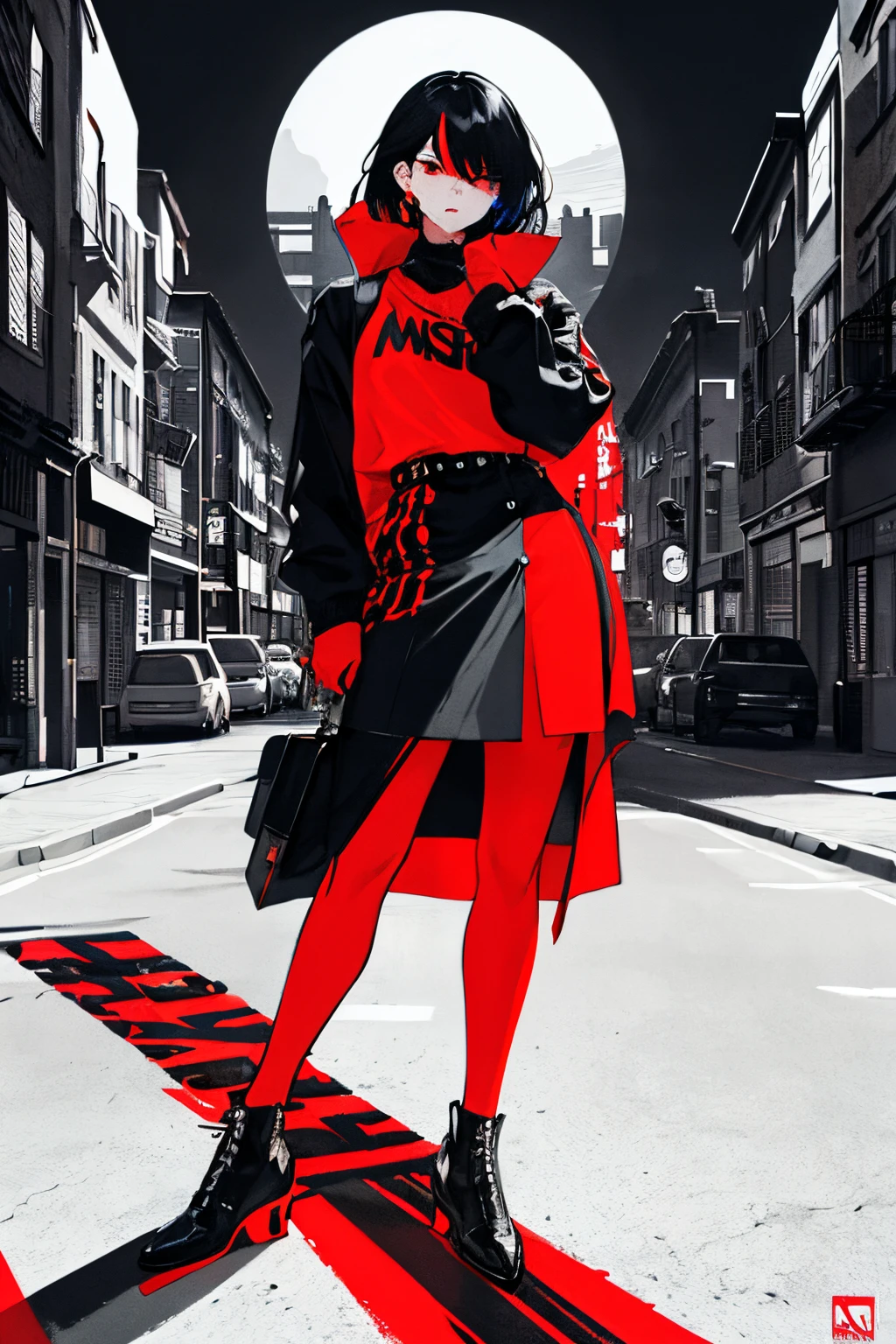 Movie Poster Style, Specific text, Strong color contrast, moon in background、Stunning composition, bold and trendy, , which are full of confidence,  street scene,english text, Bold fashion,Confident attitude,Women's Empowerment,Street style, Fashion,bold typography,high,Contrast Color, Clothing,Eye-catching composition,The atmosphere of the cityscape